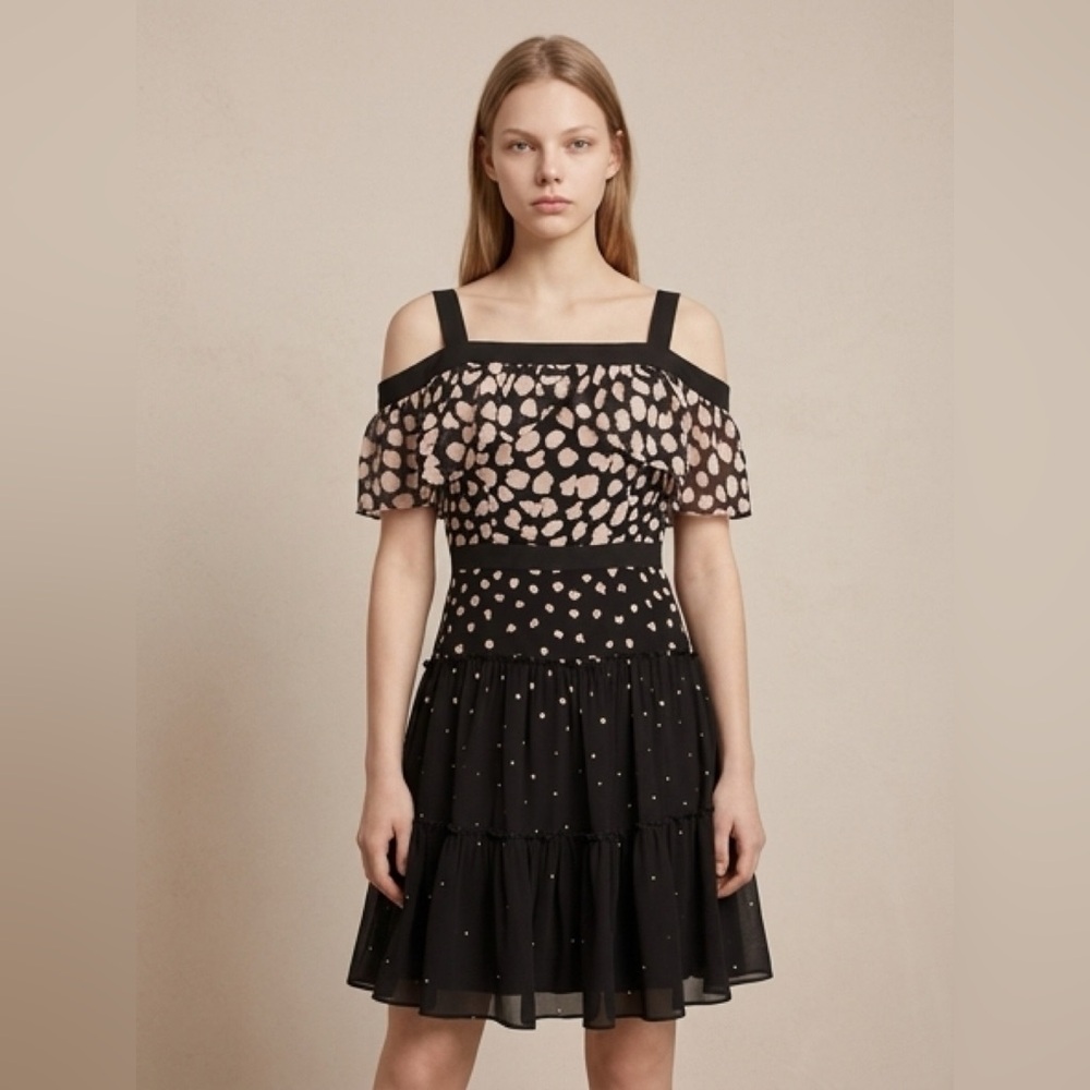 NWT BCBGMaxAzria Black and Pink Cold-Shoulder Midi Dress